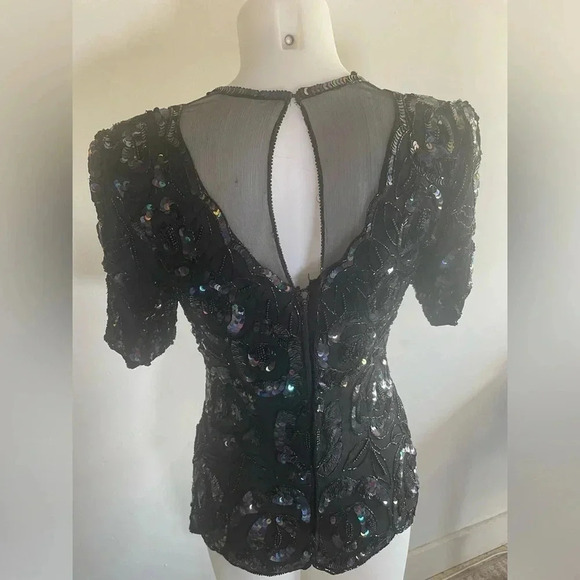 VTG 80’s Laurence Kazar Black Silk Rainbow Iridescent Sequin Rose Mesh Top M 176 - Picture 7 of 15